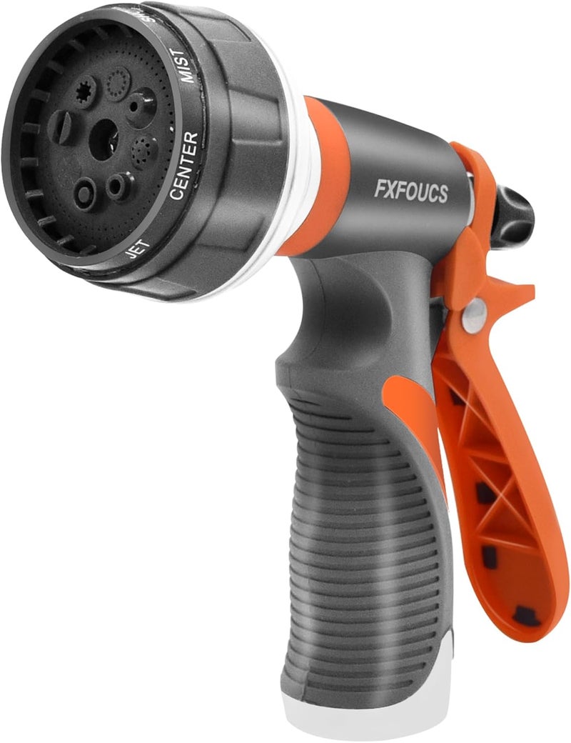 FXFOUCS Garden Hose Nozzle Sprayer– this high heavy-duty spray nozzle offer 8 watering patterns for watering plants, lawns & gardens, washing cars, household cleaning and showering pets. (Grey Orange) - Image 1